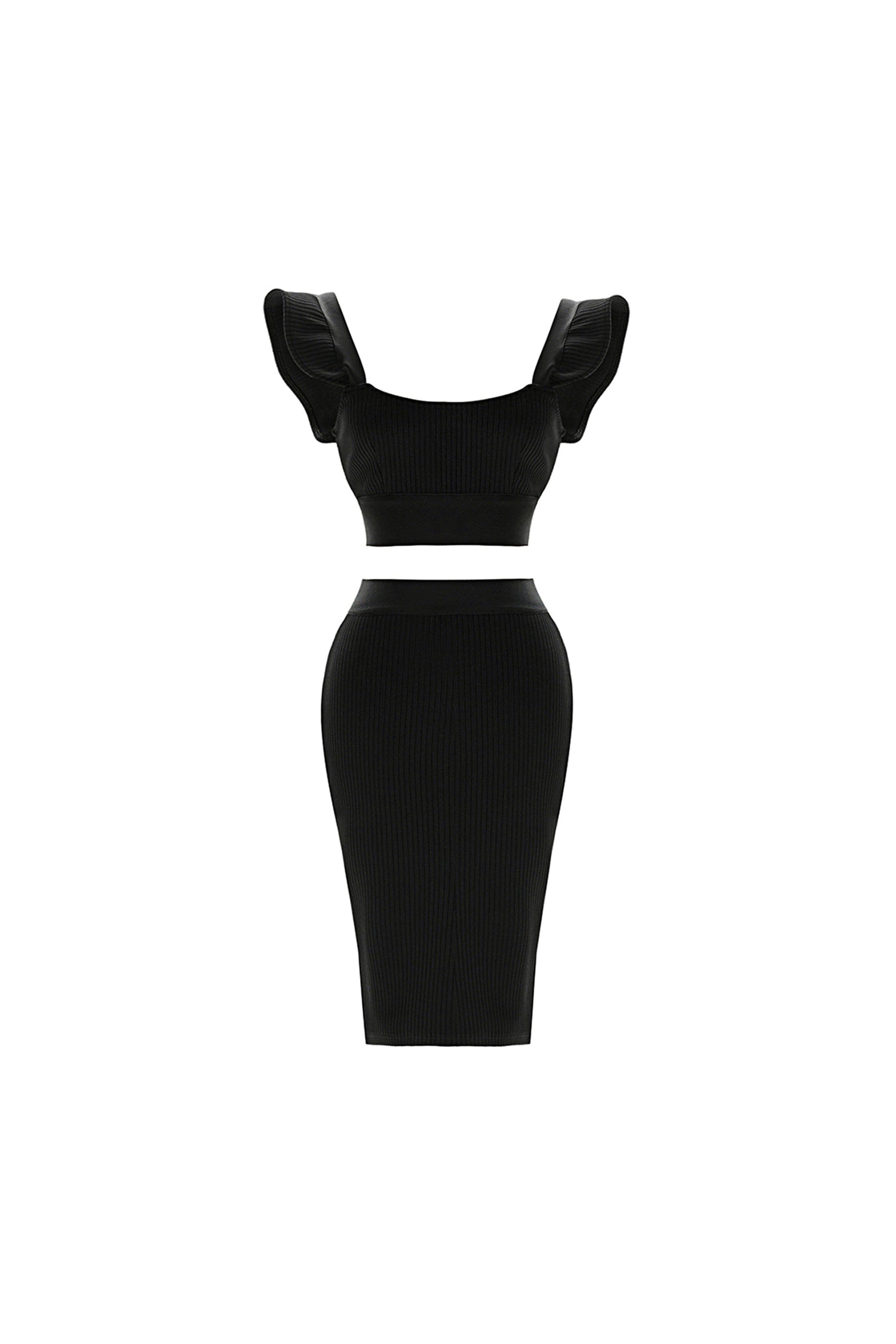 Tersilla Black Ribbed Texture Ruffle Sleeve Crop Top Dress