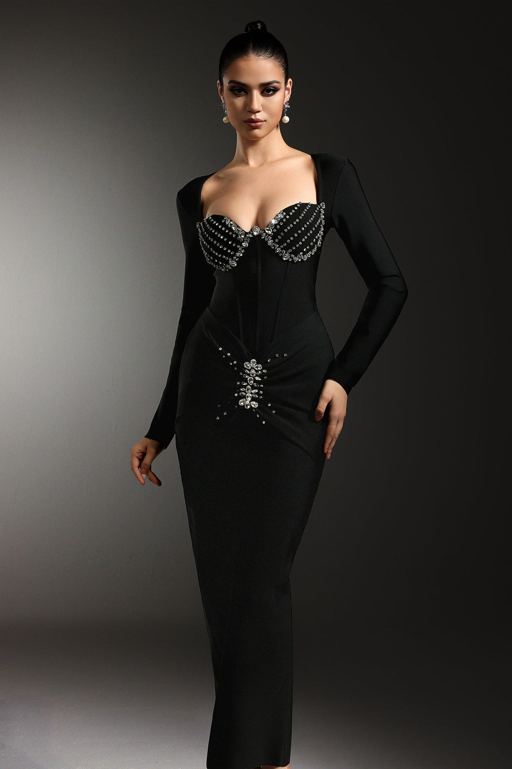 Tersilla Black Sirena Silhouette Rhinestone Detailing Long Sleeve Dress