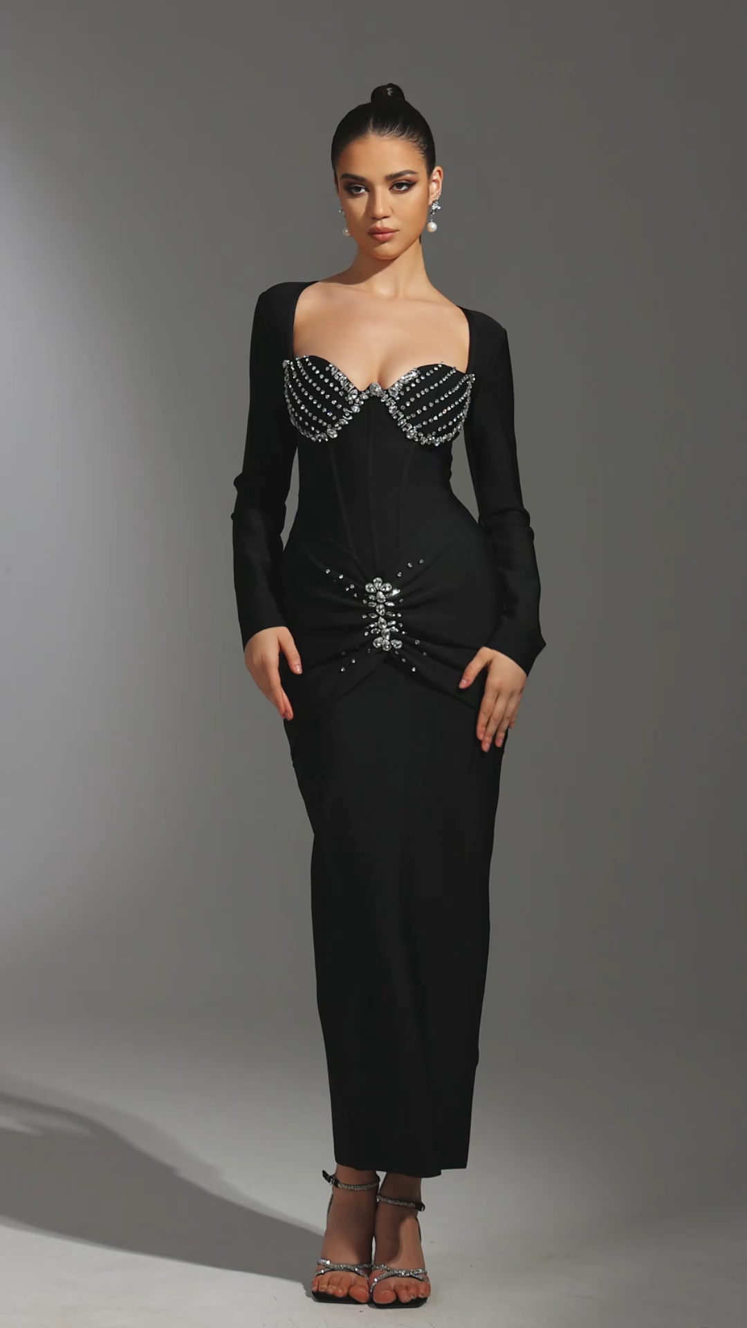 Tersilla Black Sirena Silhouette Rhinestone Detailing Long Sleeve Dress