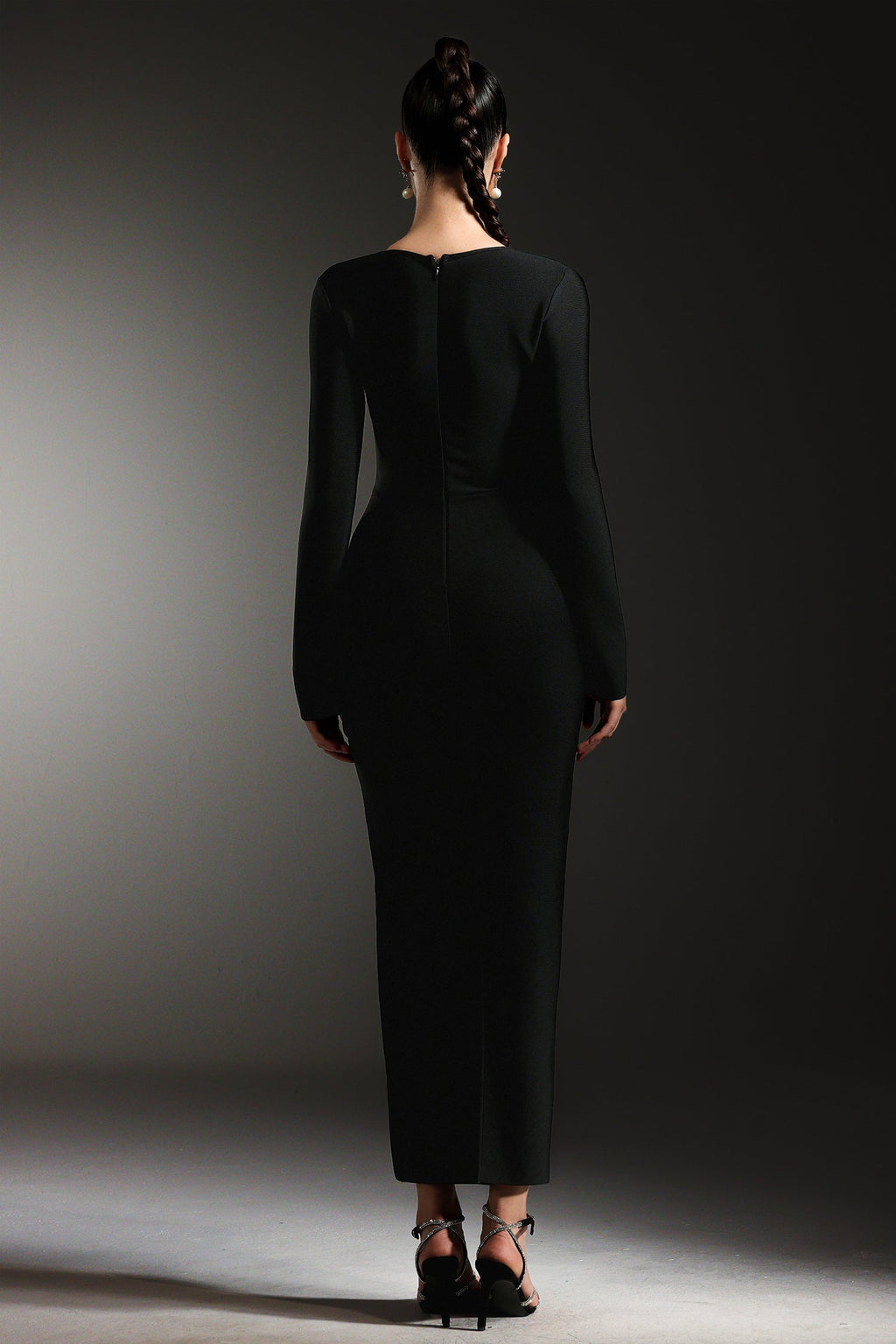 Tersilla Black Sirena Silhouette Rhinestone Detailing Long Sleeve Dress
