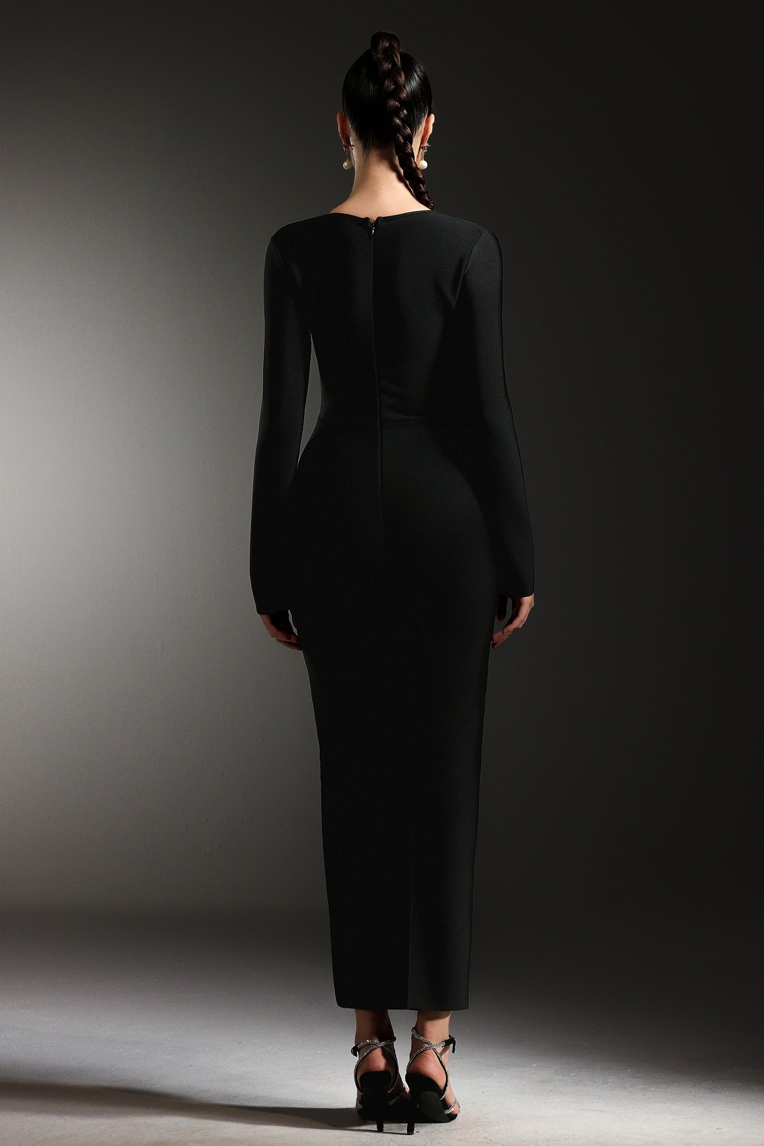 Tersilla Black Sirena Silhouette Rhinestone Detailing Long Sleeve Dress