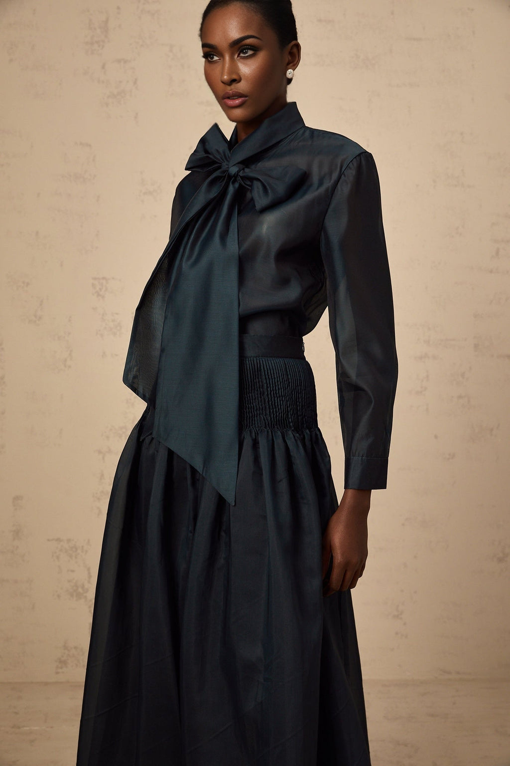 Tessa Shirt & Skirt Ribbon Tie Neck Green Maxi Set