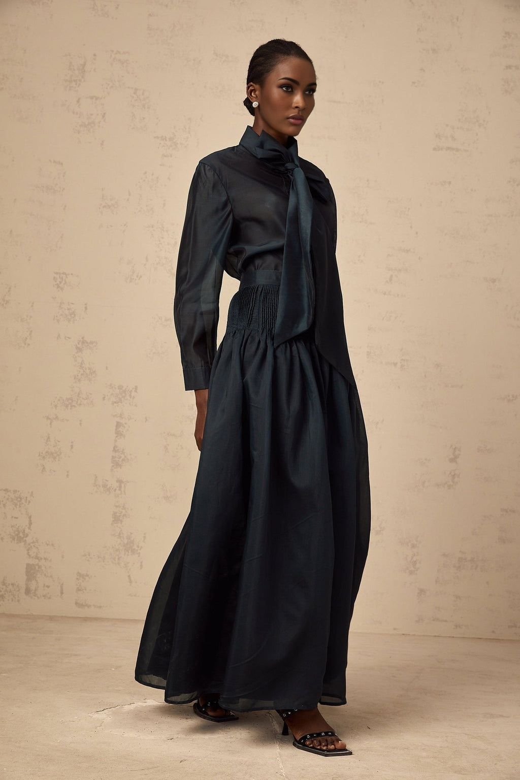 Tessa Shirt & Skirt Ribbon Tie Neck Green Maxi Set
