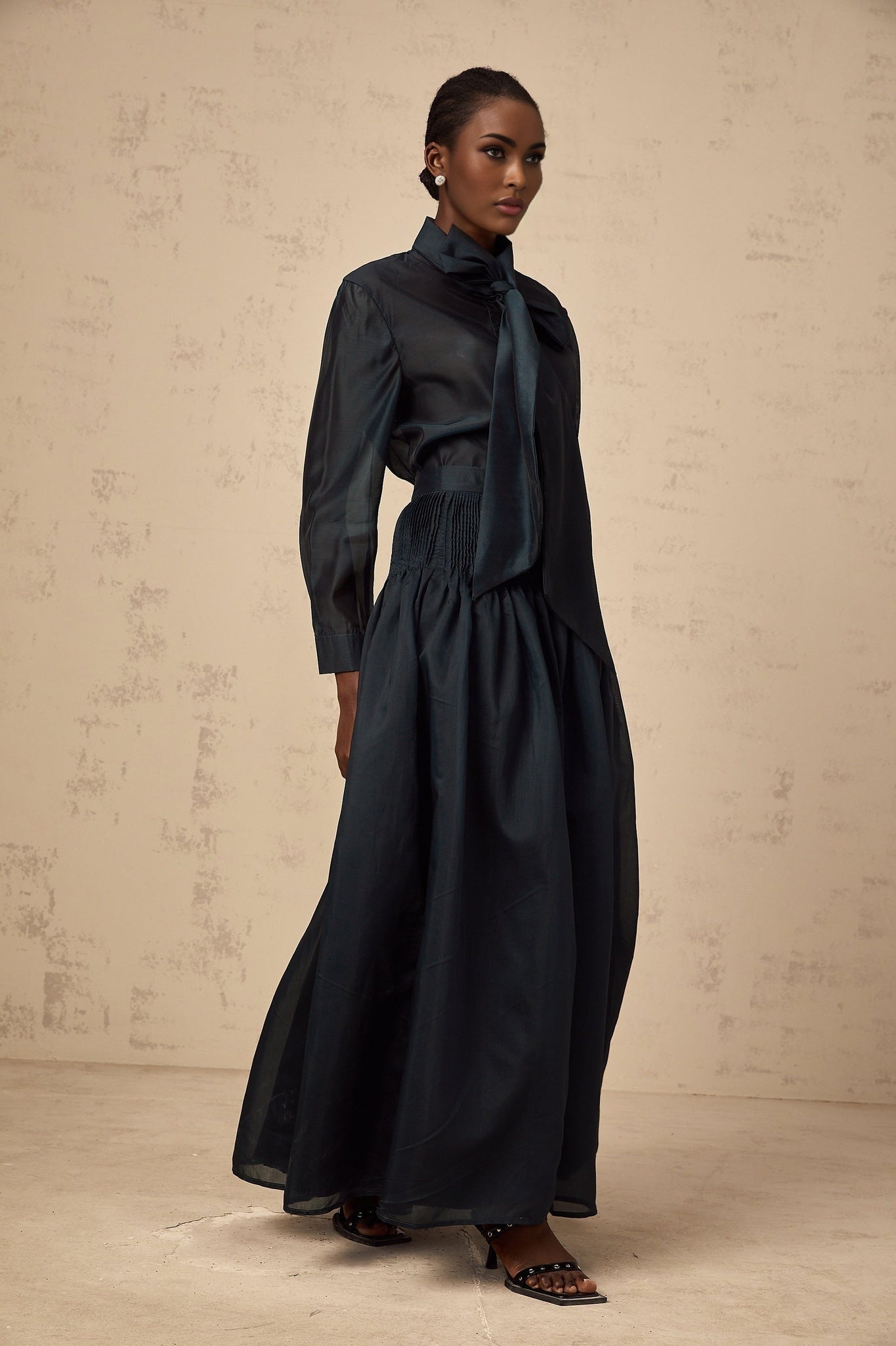 Tessa Shirt & Skirt Ribbon Tie Neck Green Maxi Set