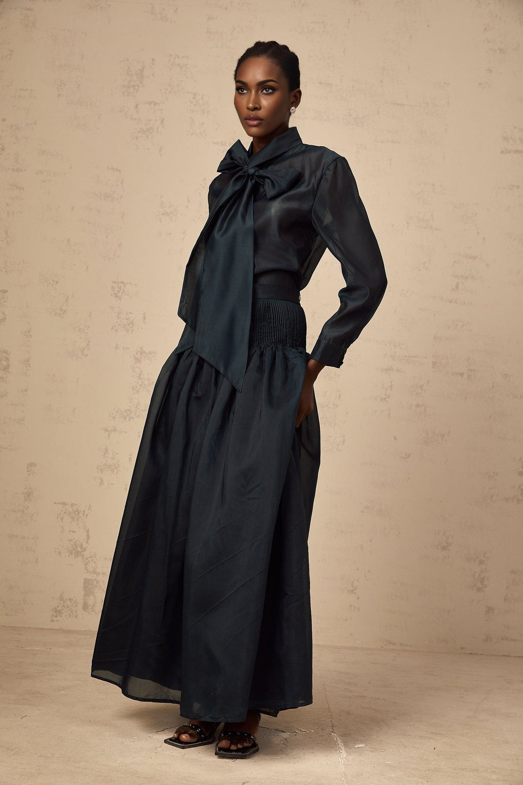 Tessa Shirt & Skirt Ribbon Tie Neck Green Maxi Set