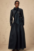 Tessa Shirt & Skirt Ribbon Tie Neck Green Maxi Set
