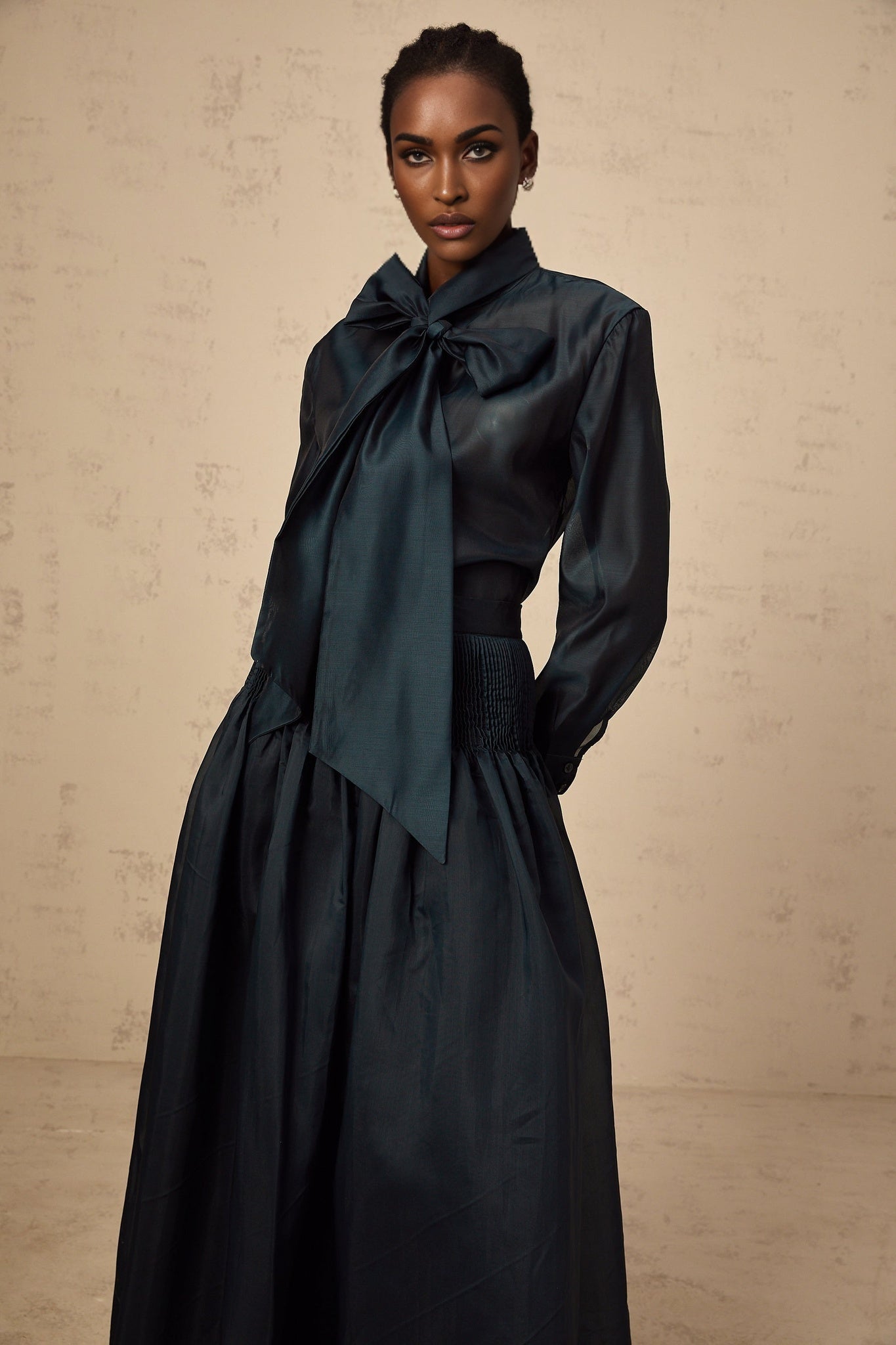 Tessa Shirt & Skirt Ribbon Tie Neck Green Maxi Set