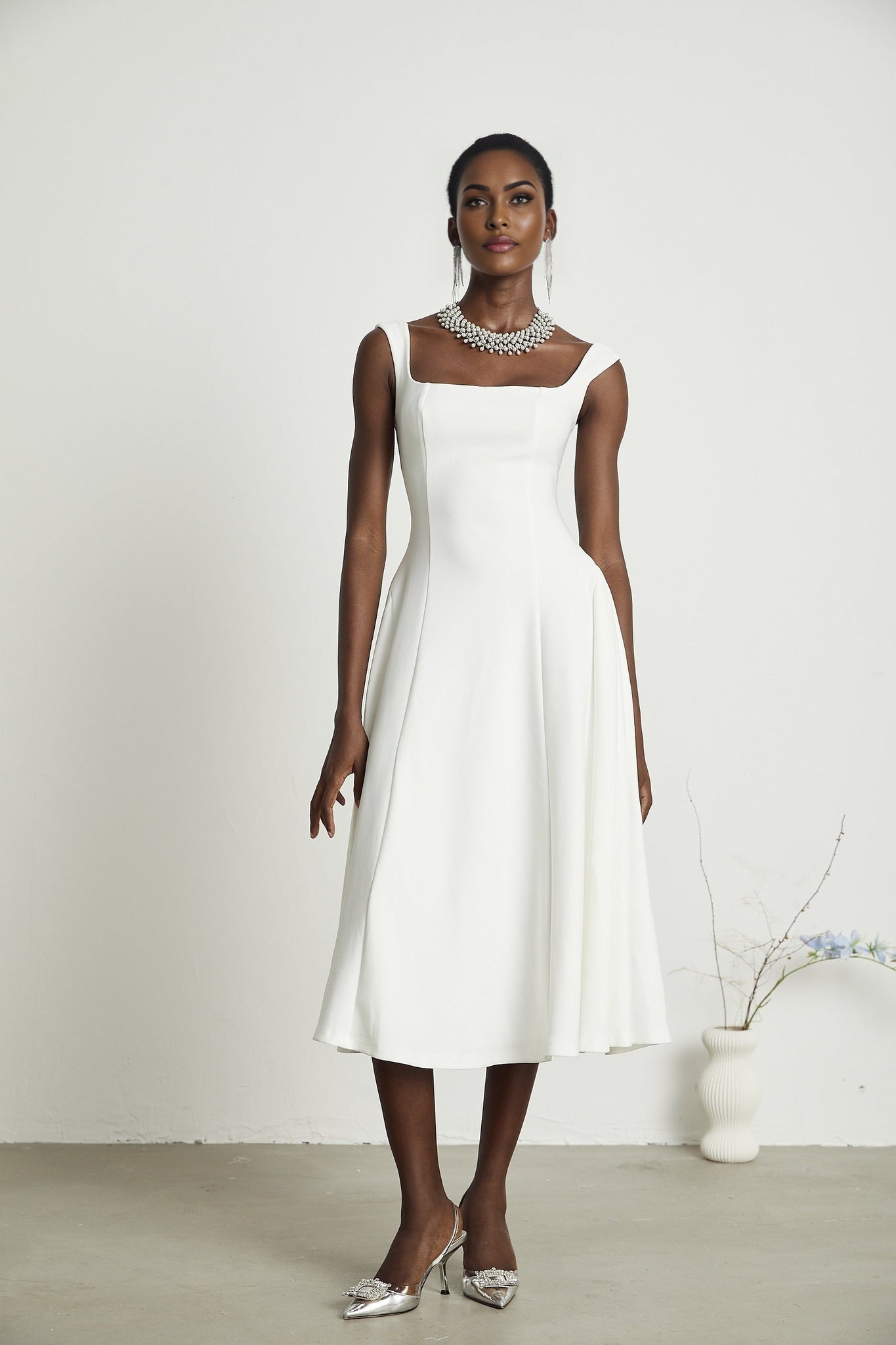 Thala White Sleeveless Midi Dress With Square Neck and Pleats