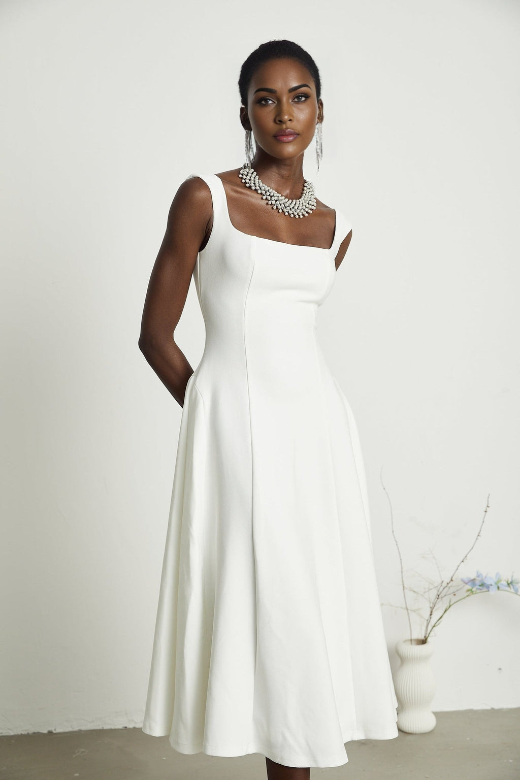 Thala White Sleeveless Midi Dress With Square Neck and Pleats