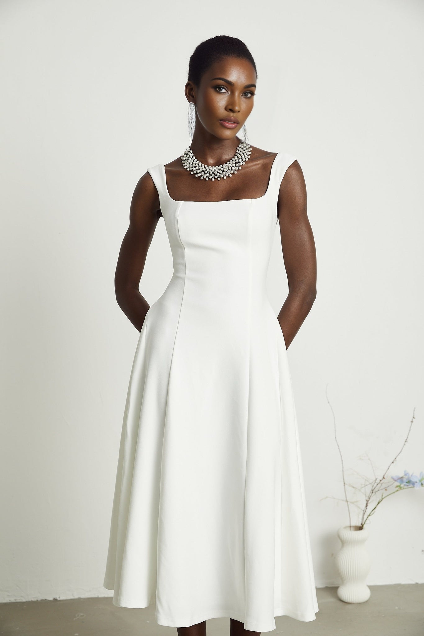 Thala White Sleeveless Midi Dress With Square Neck and Pleats