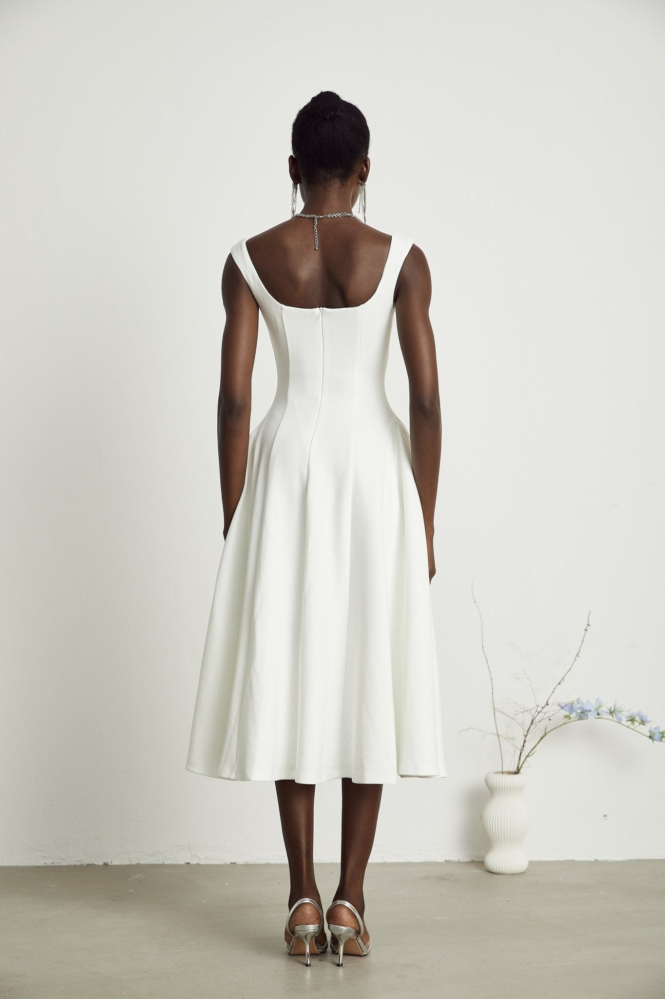 Thala White Sleeveless Midi Dress With Square Neck and Pleats