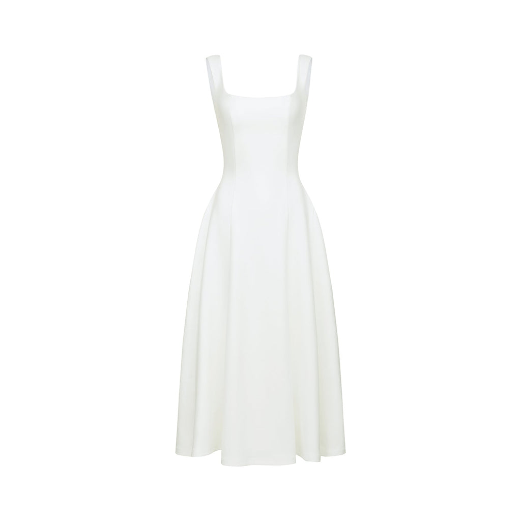 Thala White Sleeveless Midi Dress With Square Neck and Pleats