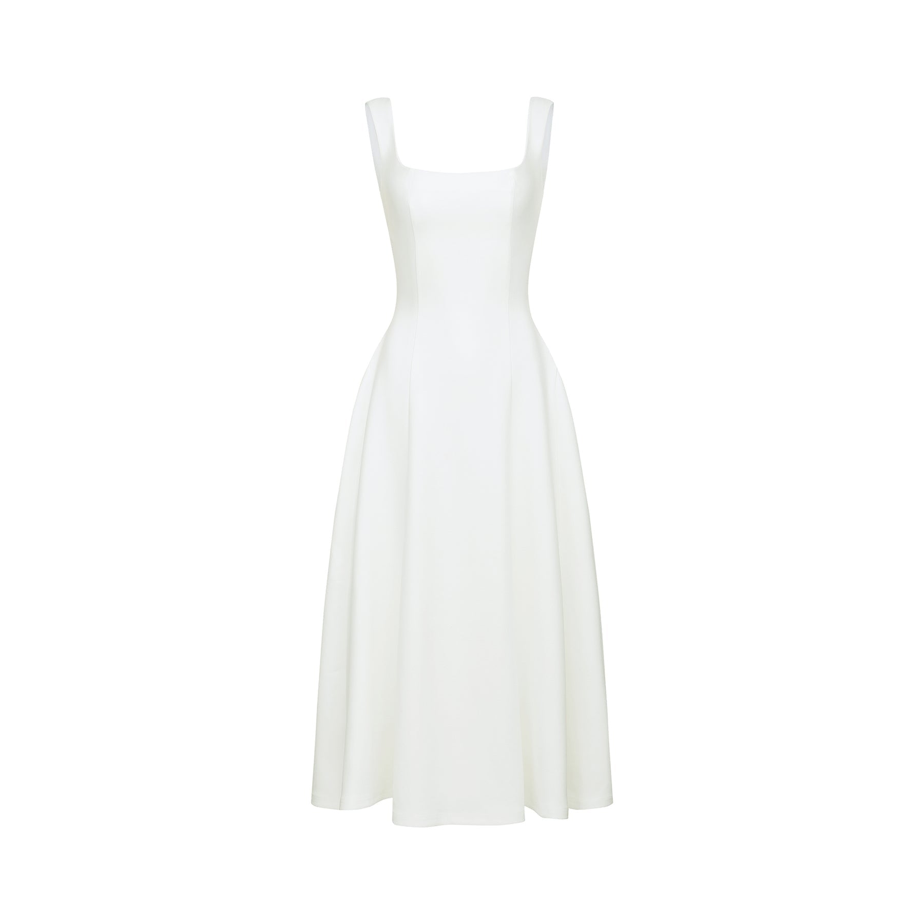 Thala White Sleeveless Midi Dress With Square Neck and Pleats