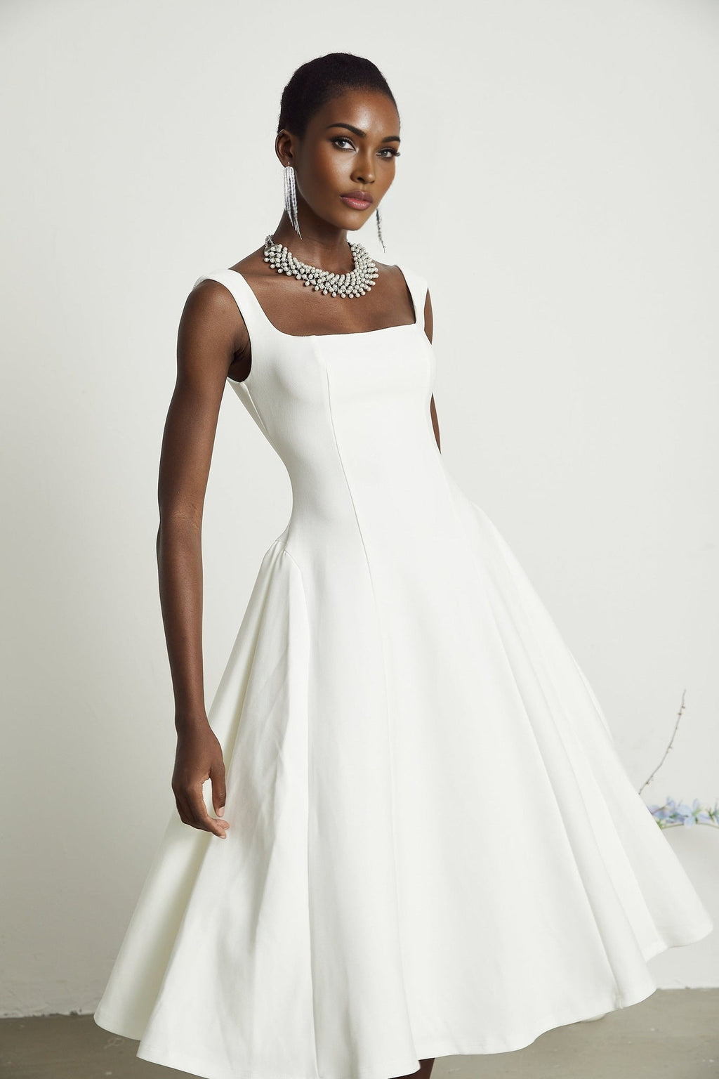 Thala White Sleeveless Midi Dress With Square Neck and Pleats
