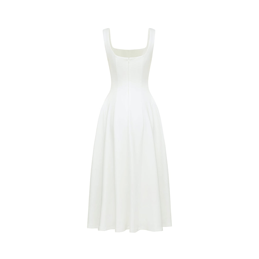 Thala White Sleeveless Midi Dress With Square Neck and Pleats