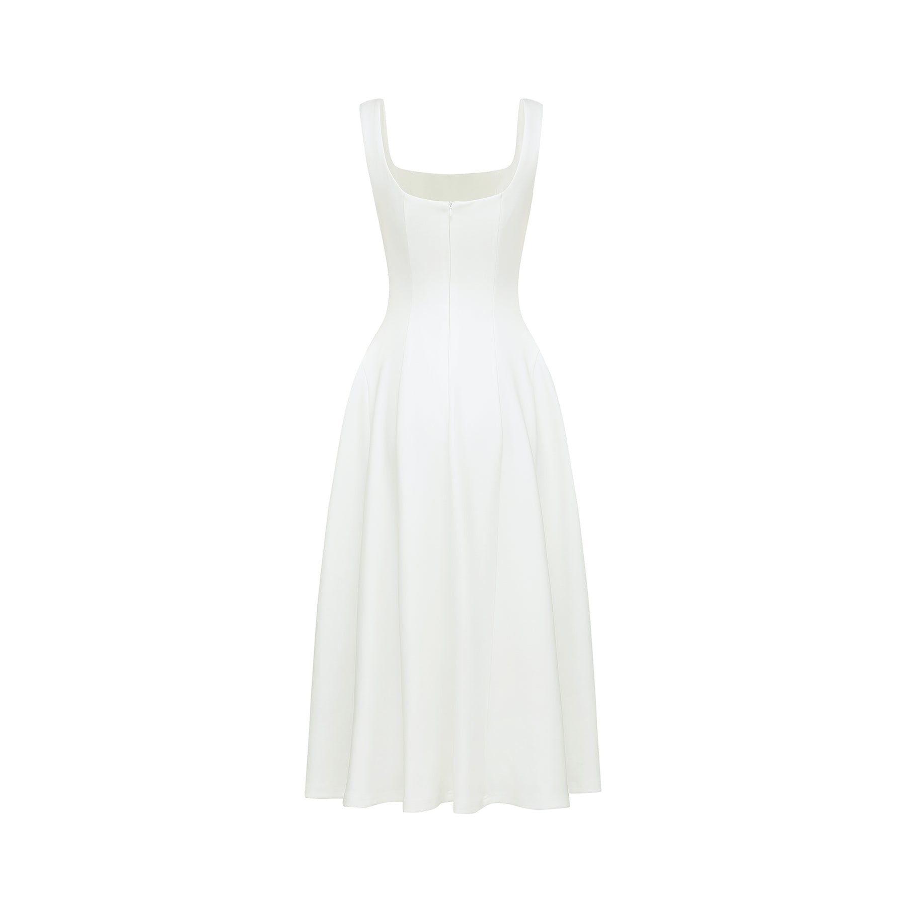 Thala White Sleeveless Midi Dress With Square Neck and Pleats