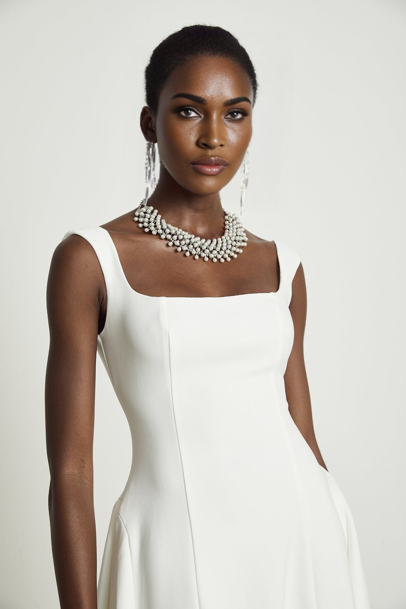 Thala White Sleeveless Midi Dress With Square Neck and Pleats