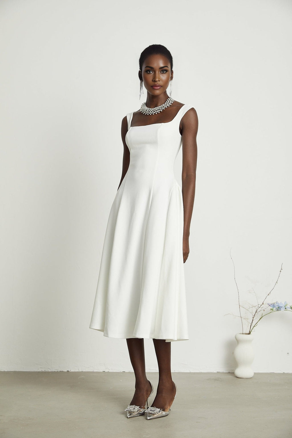 Thala White Sleeveless Midi Dress With Square Neck and Pleats