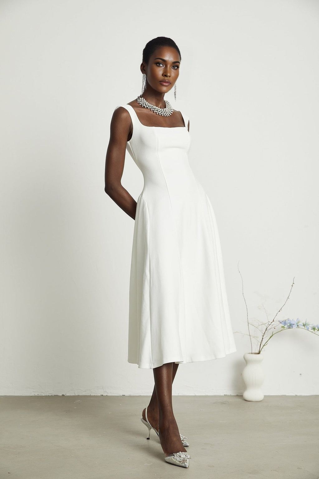 Thala White Sleeveless Midi Dress With Square Neck and Pleats
