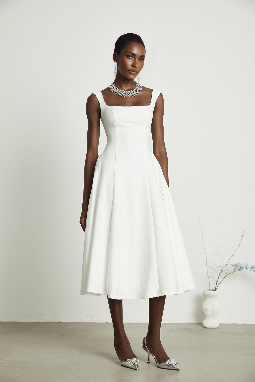 Thala White Sleeveless Midi Dress With Square Neck and Pleats
