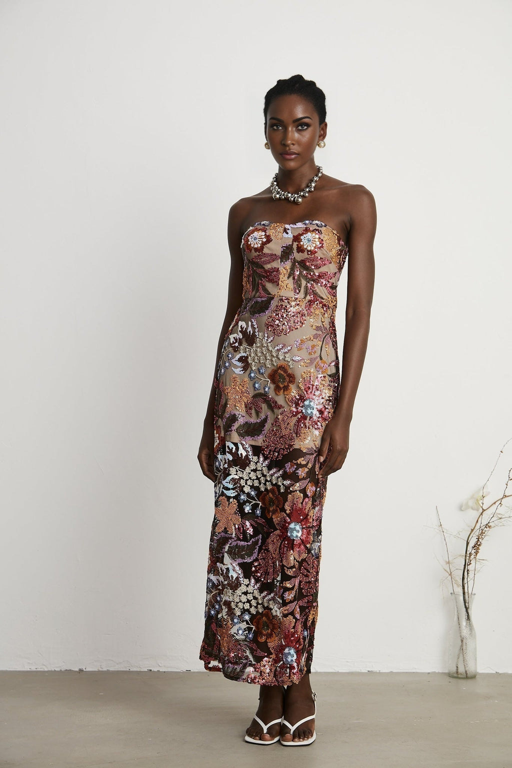 Thérèse Strapless Embroidered Sequin Gown With Floral Motif