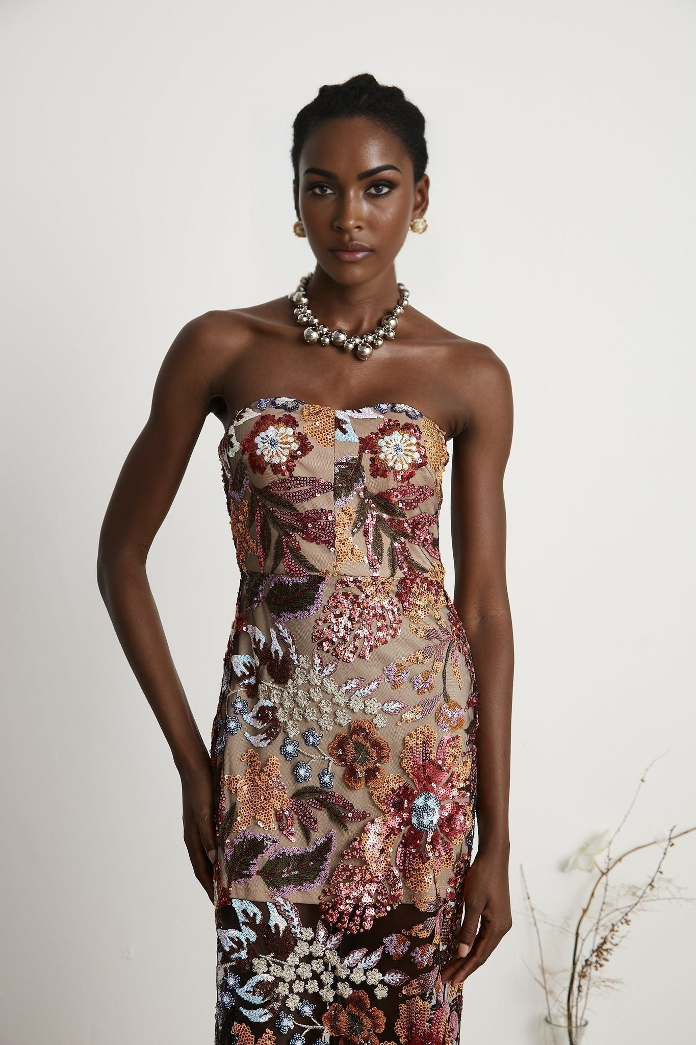 Thérèse Strapless Embroidered Sequin Gown With Floral Motif