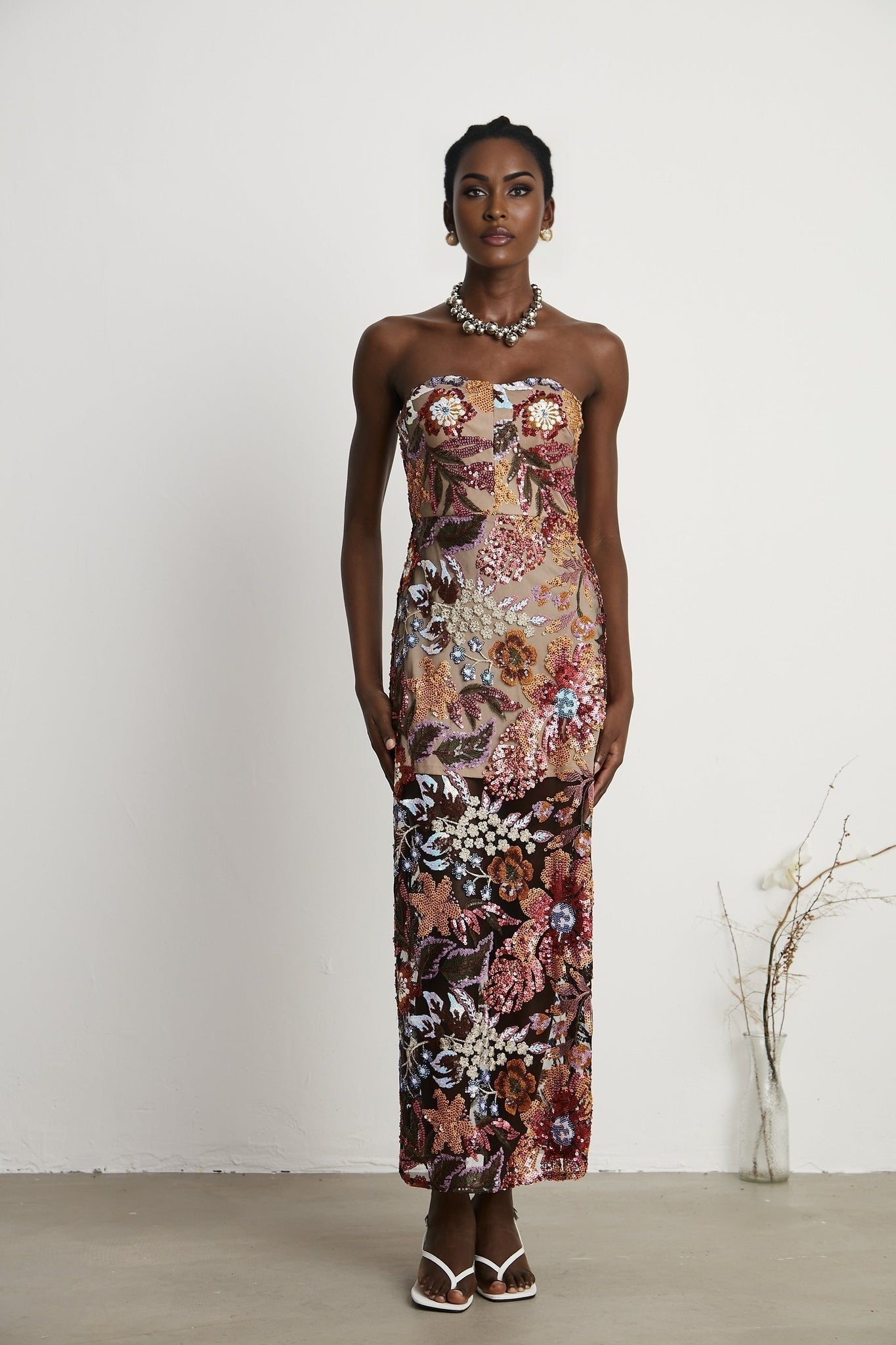 Thérèse Strapless Embroidered Sequin Gown With Floral Motif