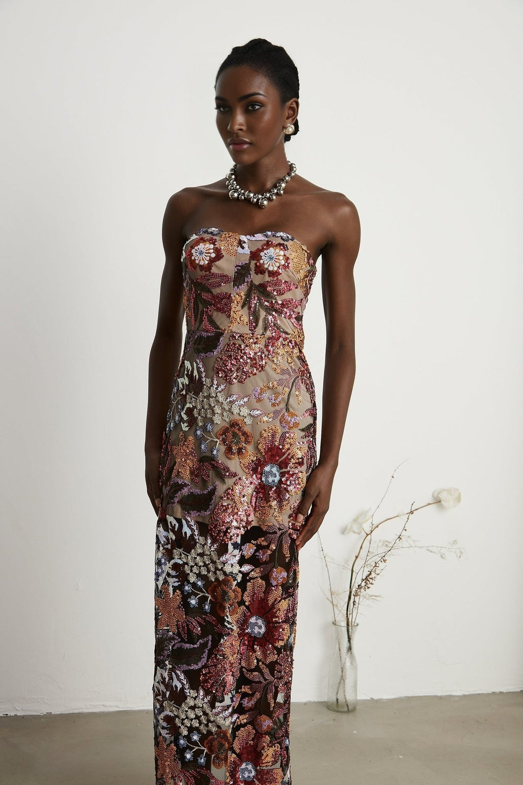 Thérèse Strapless Embroidered Sequin Gown With Floral Motif