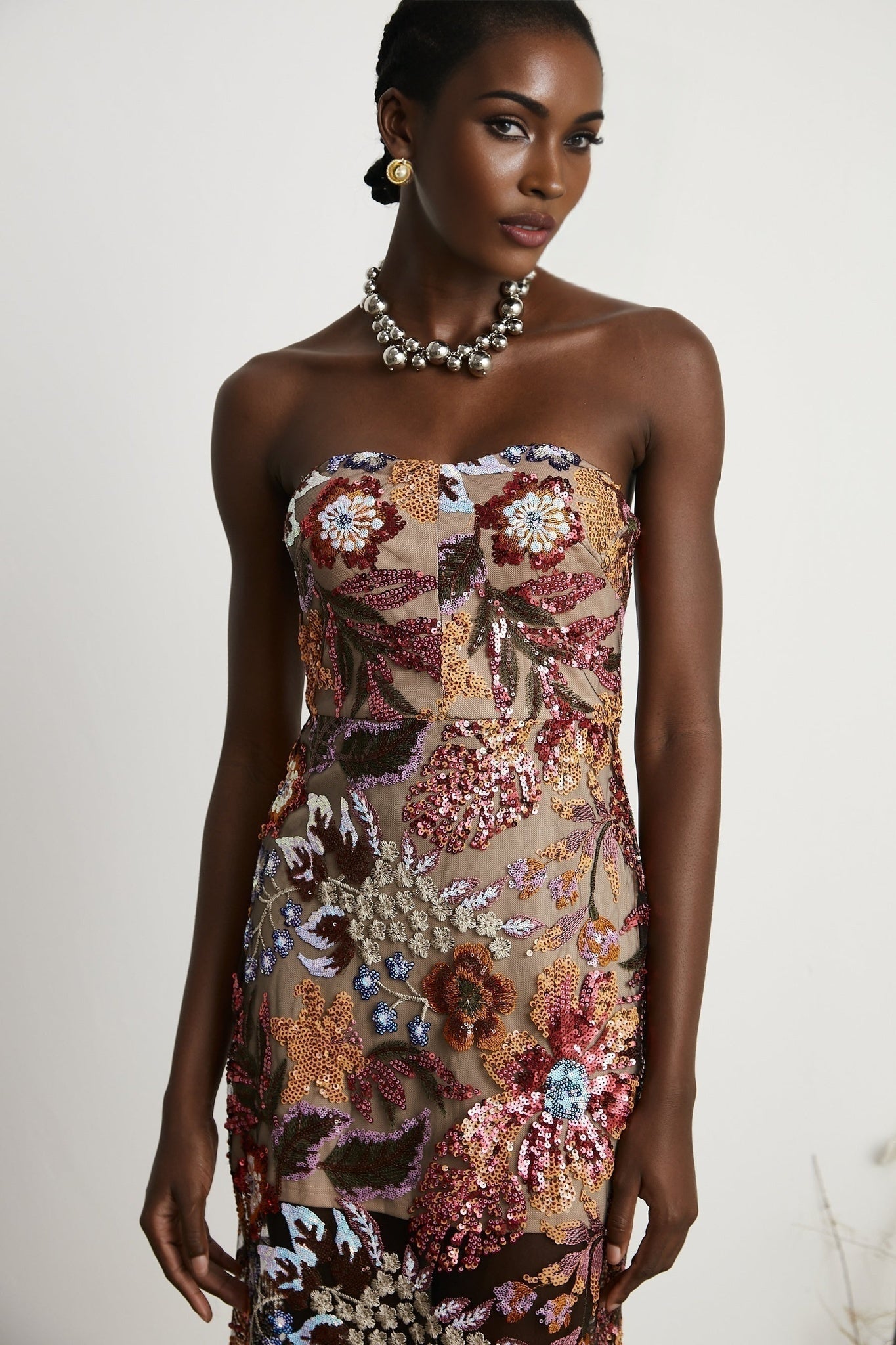 Thérèse Strapless Embroidered Sequin Gown With Floral Motif