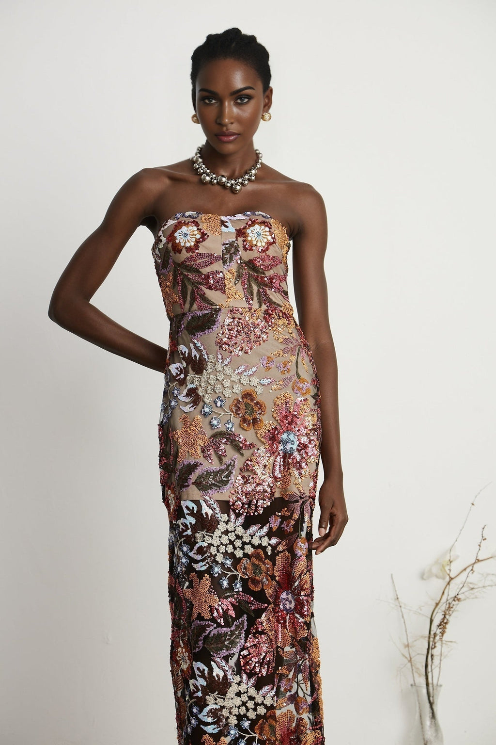 Thérèse Strapless Embroidered Sequin Gown With Floral Motif