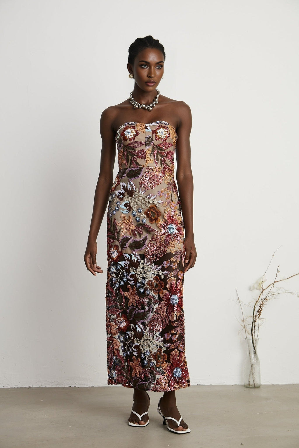 Thérèse Strapless Embroidered Sequin Gown With Floral Motif