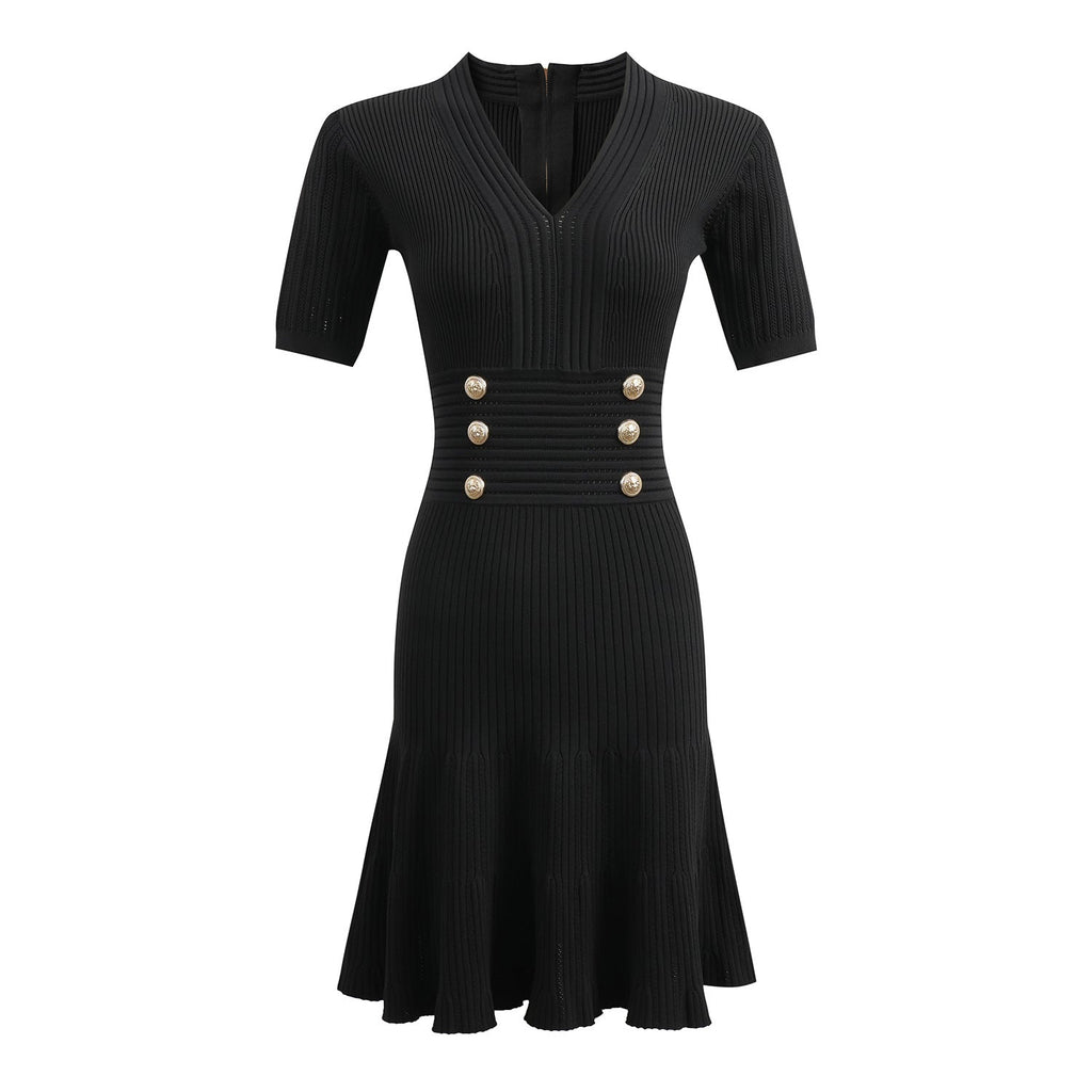 Tiana Dress - Fitted Silhouette - Flared Hemline - Ribbed Texture - V - Neckline - Gold Button Details