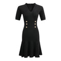 Tiana Dress - Fitted Silhouette - Flared Hemline - Ribbed Texture - V - Neckline - Gold Button Details