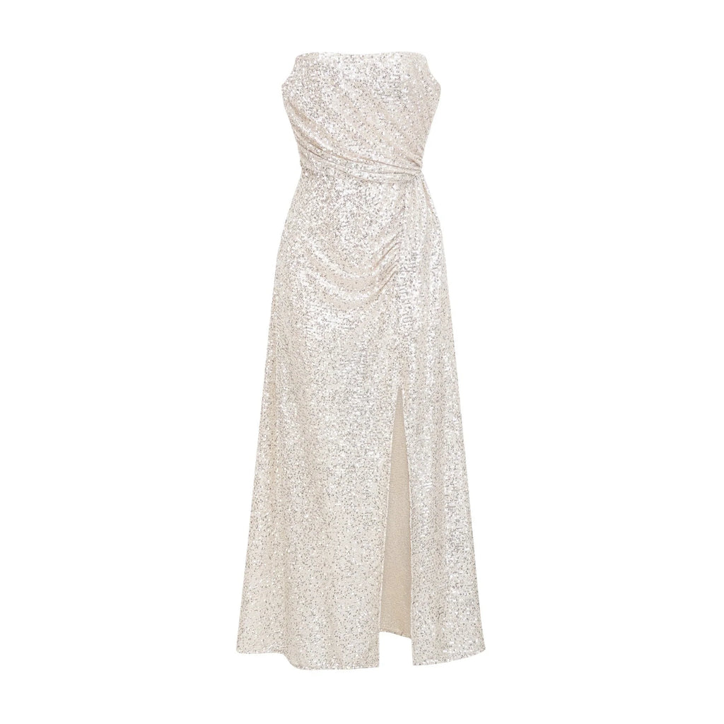 Tiana Dress Silver Sequin Off - Shoulder Midi