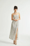Tiana Dress Silver Sequin Off - Shoulder Midi