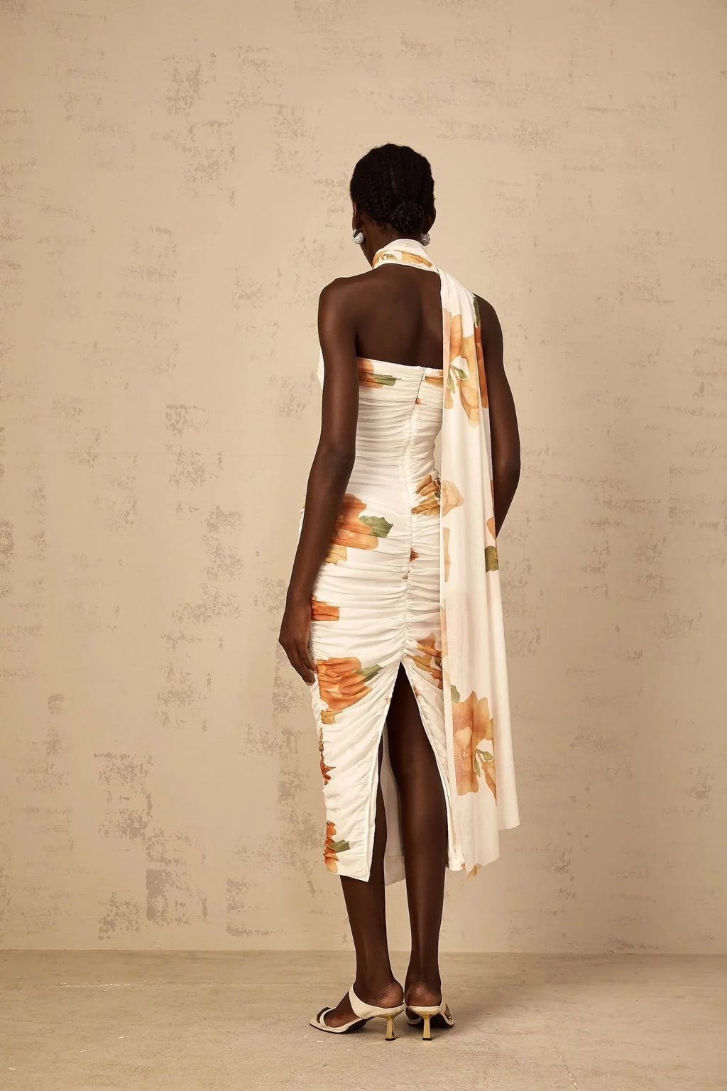 Tiana Midi Dress White Floral Ruched Tulle Off - Shoulder Slit Calf - Length