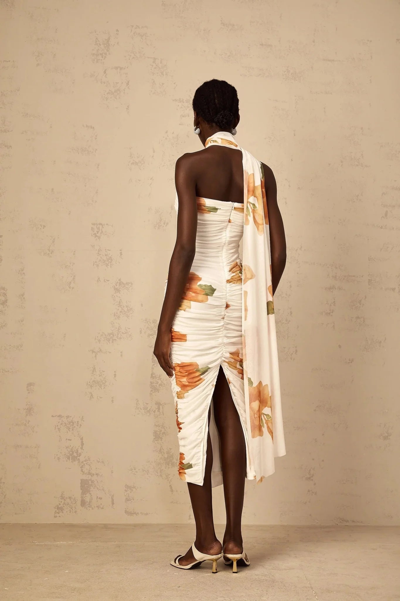 Tiana Midi Dress White Floral Ruched Tulle Off - Shoulder Slit Calf - Length