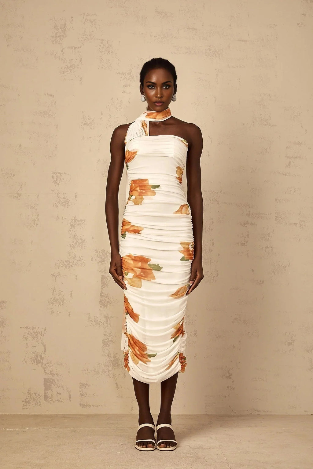 Tiana Midi Dress White Floral Ruched Tulle Off - Shoulder Slit Calf - Length