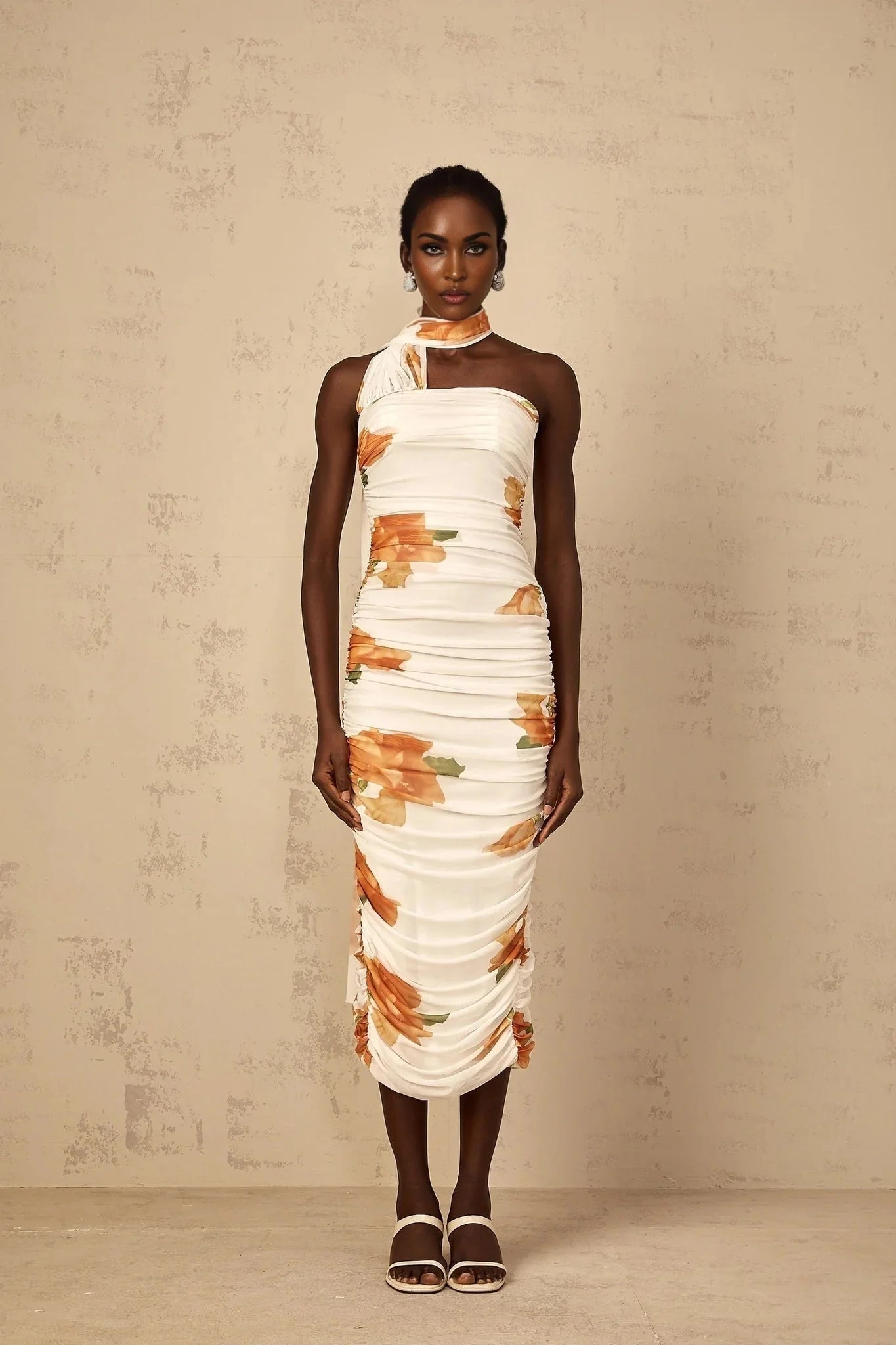 Tiana Midi Dress White Floral Ruched Tulle Off - Shoulder Slit Calf - Length