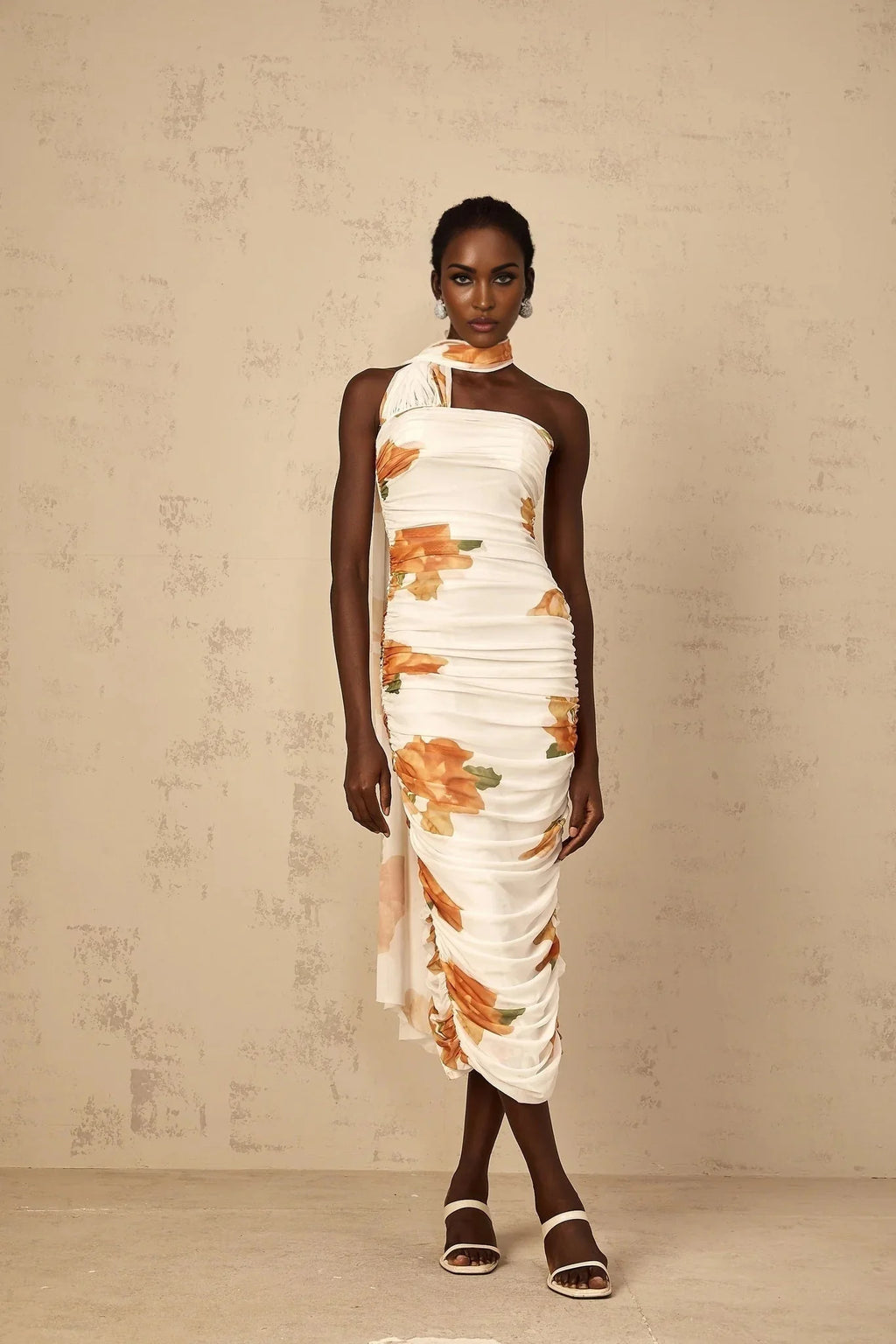 Tiana Midi Dress White Floral Ruched Tulle Off - Shoulder Slit Calf - Length