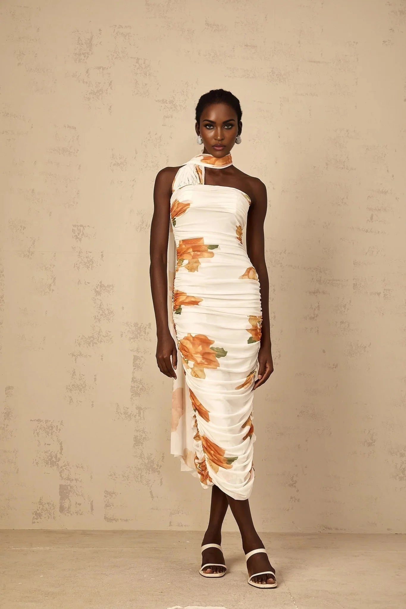 Tiana Midi Dress White Floral Ruched Tulle Off - Shoulder Slit Calf - Length
