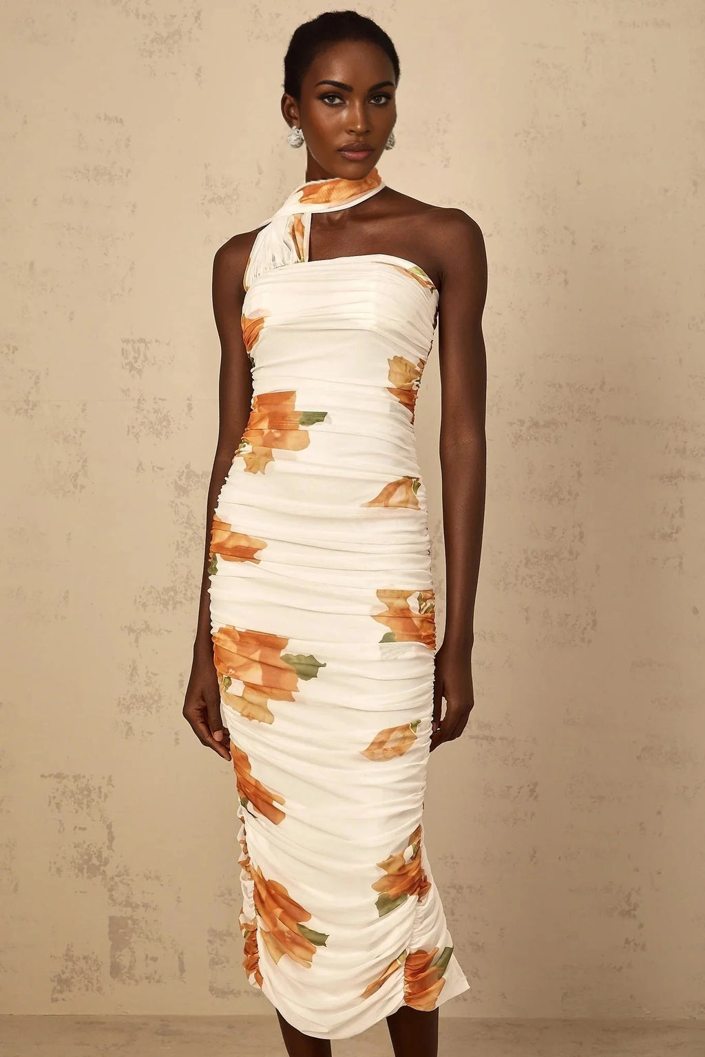 Tiana Midi Dress White Floral Ruched Tulle Off - Shoulder Slit Calf - Length