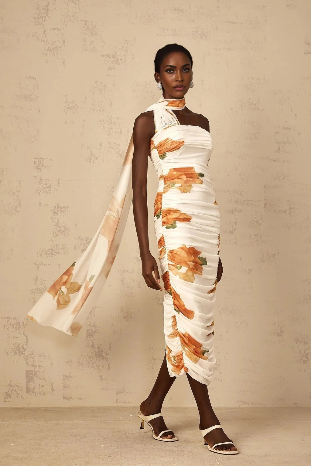 Tiana Midi Dress White Floral Ruched Tulle Off - Shoulder Slit Calf - Length