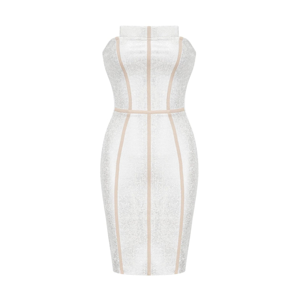 Tiana Mini Dress Silver Bandage Off Shoulder Zip Fastening