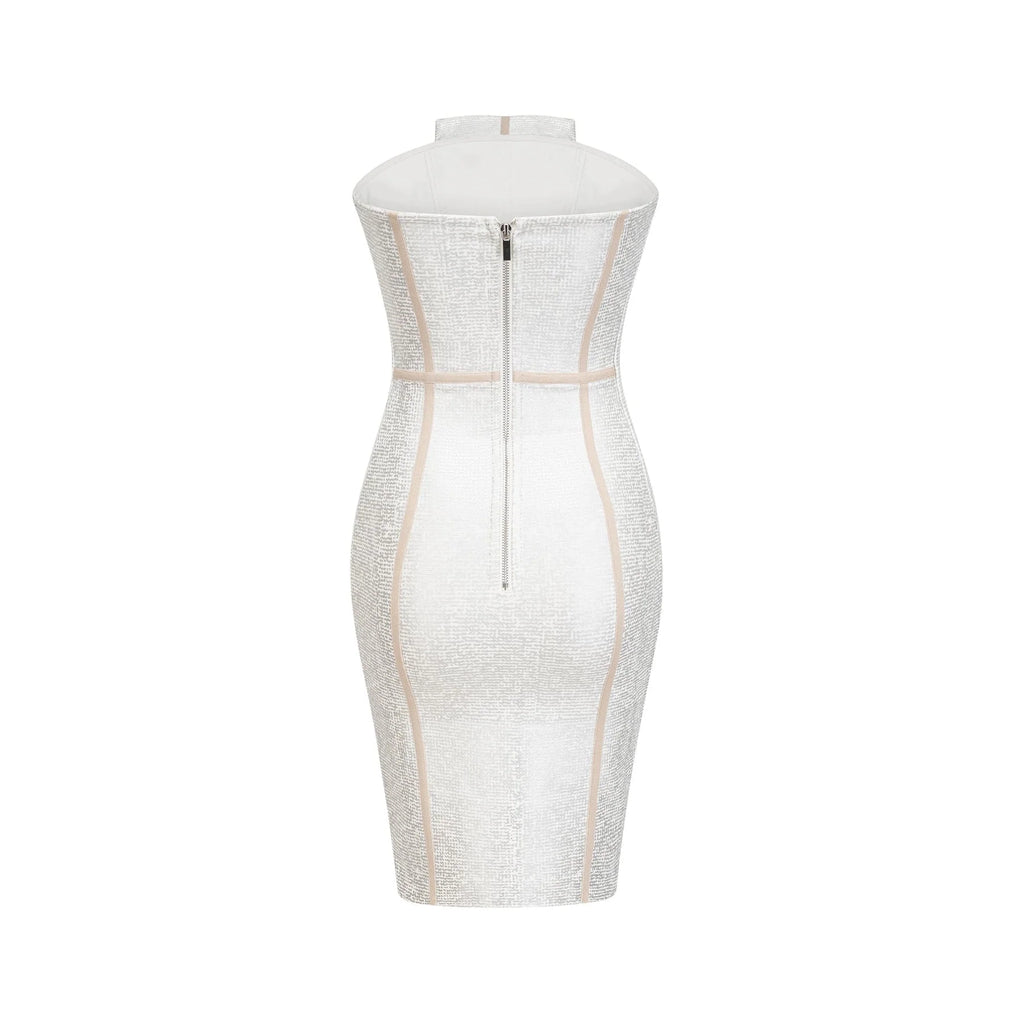 Tiana Mini Dress Silver Bandage Off Shoulder Zip Fastening