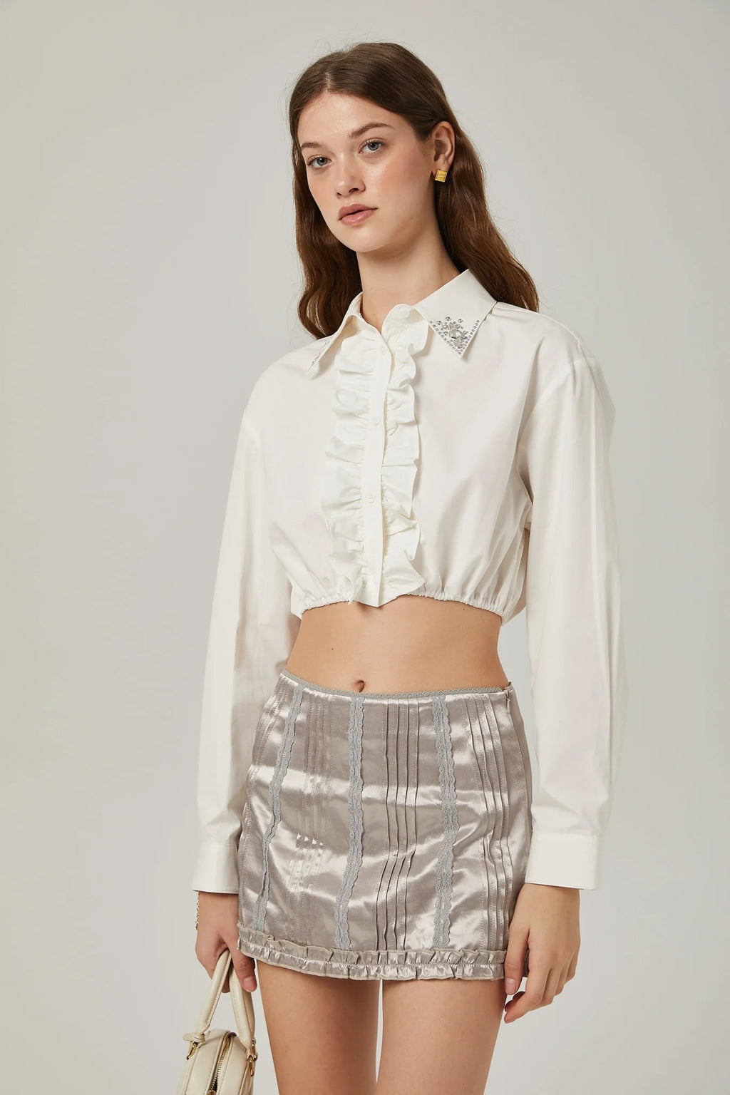 Tiana Skirt Lace Stripes Pleated & Button Fastening Silver
