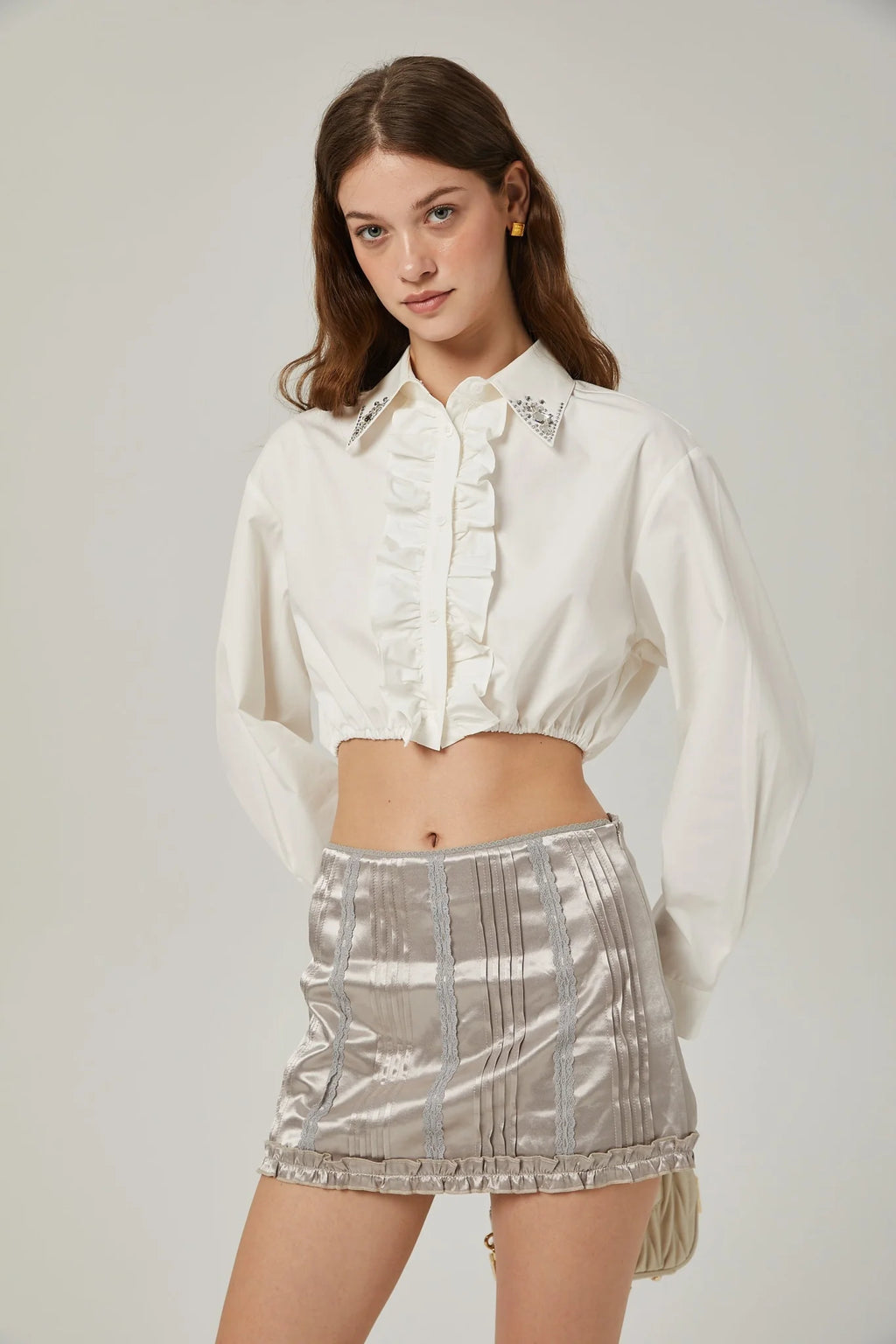 Tiana Skirt Lace Stripes Pleated & Button Fastening Silver