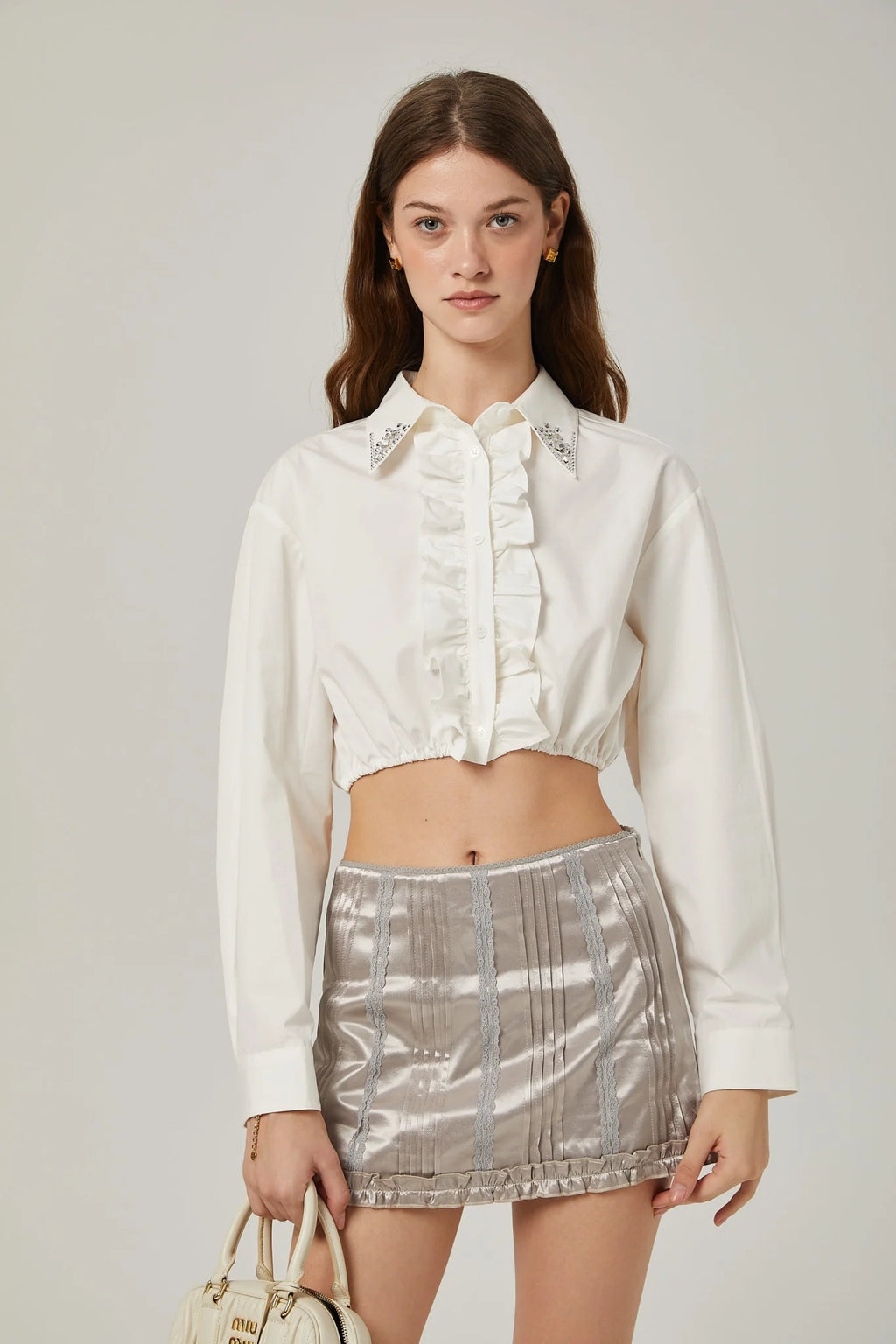 Tiana Skirt Lace Stripes Pleated & Button Fastening Silver