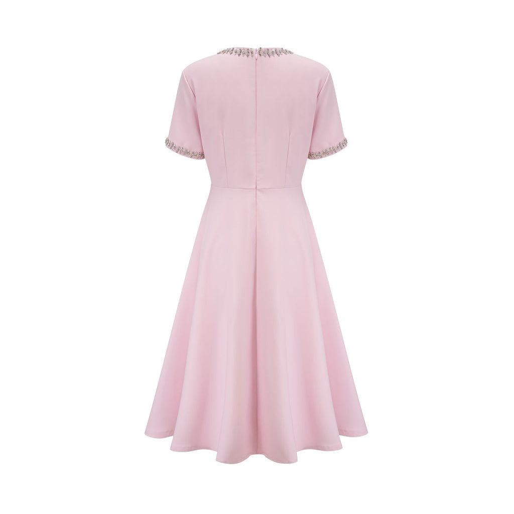 Tiffany Midi Dress Pink Crystal Bow Flared Skirt & Rear Zip