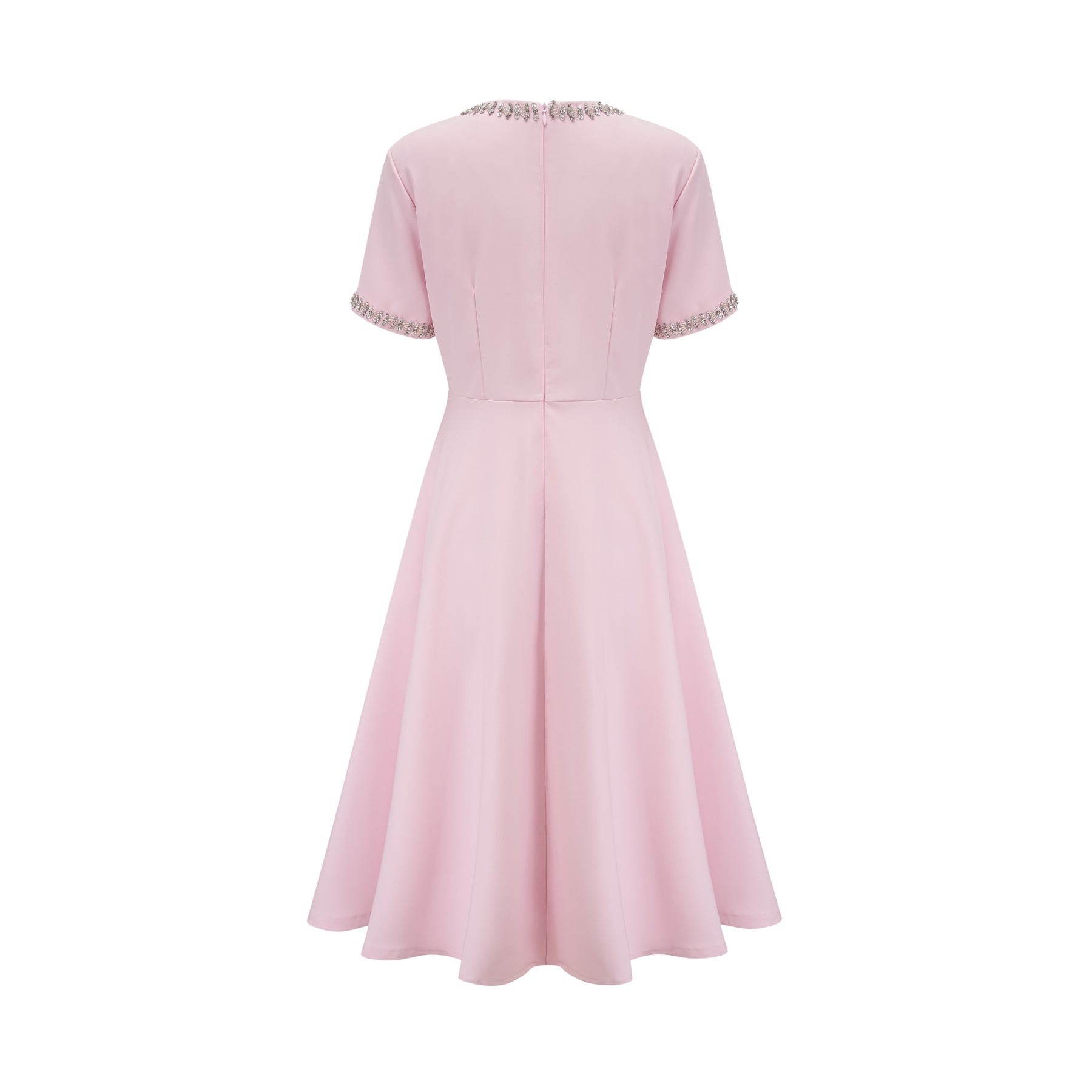 Tiffany Midi Dress Pink Crystal Bow Flared Skirt & Rear Zip